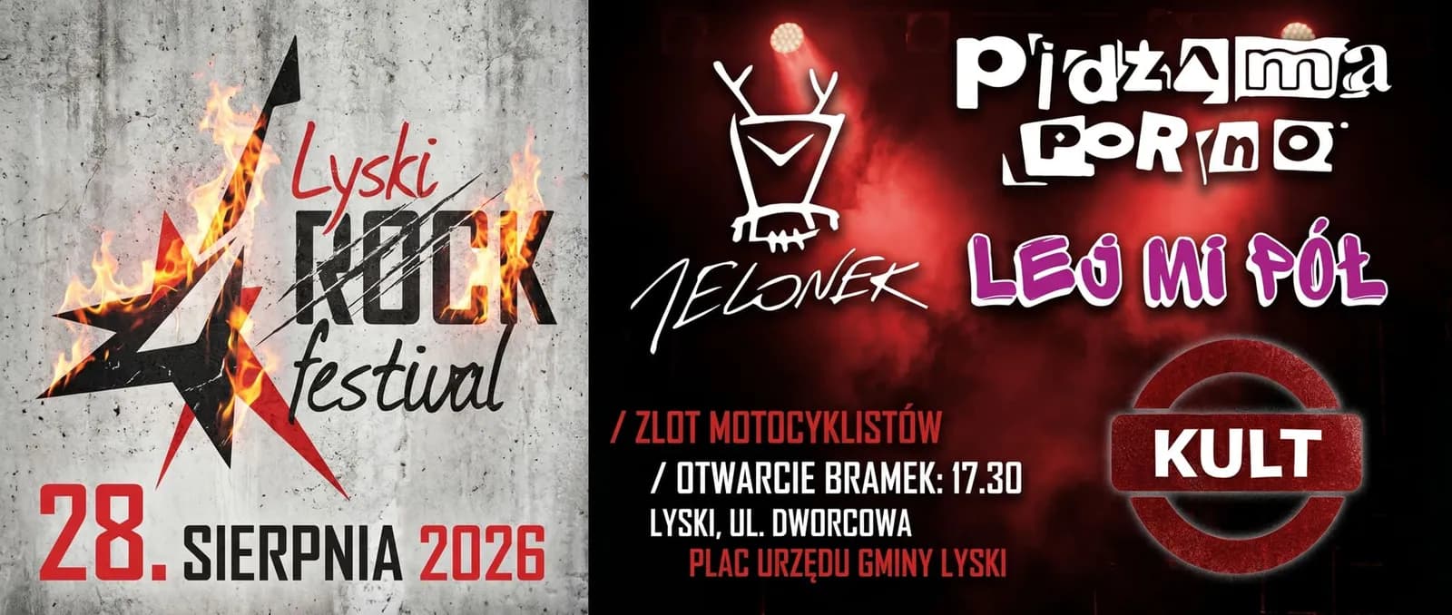 A dual-panel poster for a rock festival. The left side, on a gray concrete background, features the flaming text "Lyski ROCK festival" and the date "28. SIERPNIA 2026". The right side, on a dark red background with glowing spotlights, lists band names like "Pidżama Porno", "Jelonek", "Lej Mi Pół", a